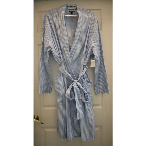 Club Room Men's Sz L/XL Light Blue Gingham Pattern Woven 100% Cotton Lounge Robe - Picture 1 of 6